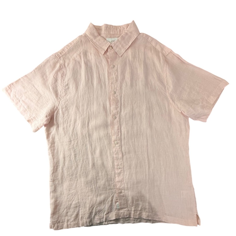 Onia Men XL Pink‎ Linen Short Sleeve Button Shirt Relaxed Vacay Quiet Luxury